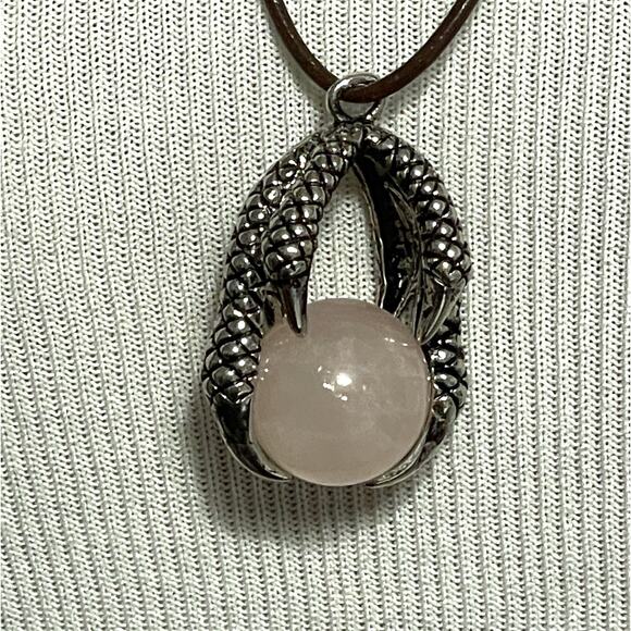 Rose Quartz Gem Necklace Womens Silver Claw Pendant with Brown Cord Adjustable - Picture 4 of 6